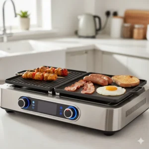 A versatile indoor BBQ grill with interchangeable plates, showing a full English breakfast being cooked on the griddle side.