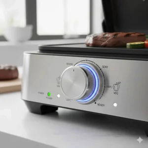 Illustration of precise temperature dials on an indoor grill, showing settings for searing steaks and grilling vegetables.