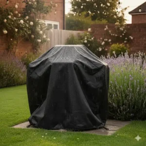 A waterproof BBQ cover protecting a budget grill from rain in a British garden to prevent rust.