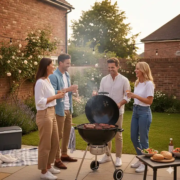 A group of friends hosting a garden party with the best budget BBQ UK homeowners can buy, featuring grilled burgers and sausages.