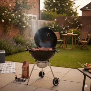 A compact black charcoal kettle barbecue, a top-rated budget option for small British patios and gardens.