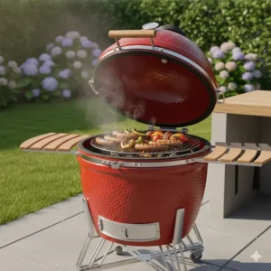 An egg-shaped red ceramic kamado charcoal BBQ, highlighted as a top-rated premium option for British outdoor kitchens.