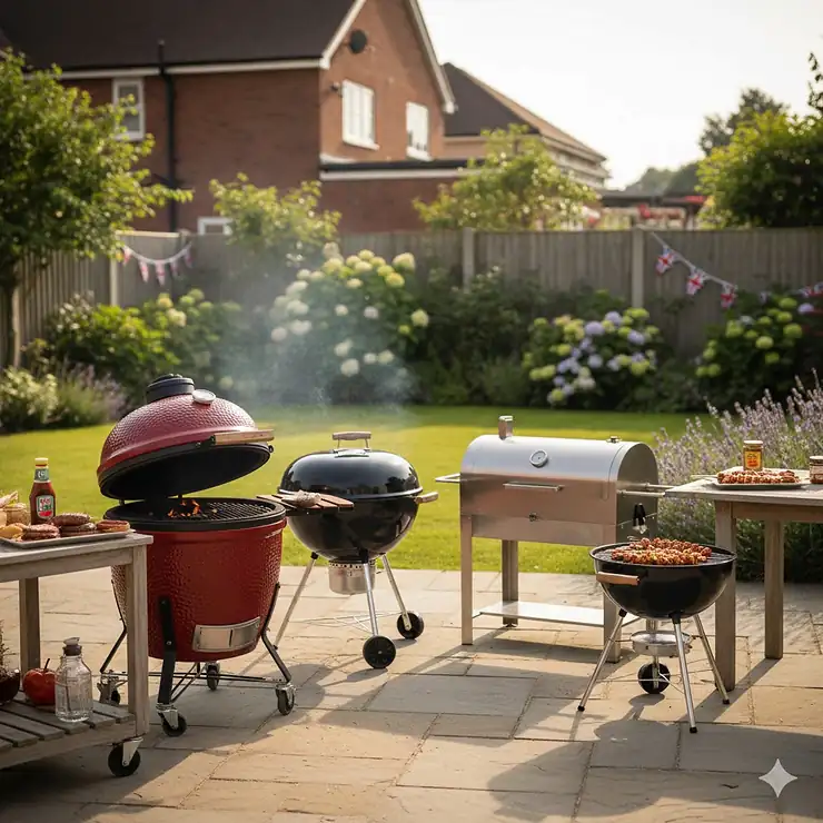 A selection of the best charcoal BBQ models available in the UK, including a premium ceramic grill and a classic kettle barbecue, set on a British garden patio. best charcoal bbq uk