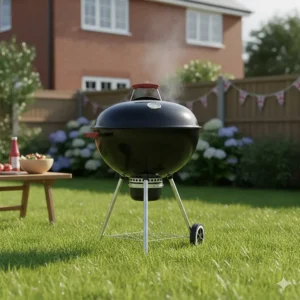 A classic black kettle charcoal BBQ standing on a lush green lawn in a UK suburban garden, ready for a family cookout.