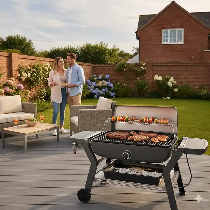 A premium electric BBQ grill positioned on a modern grey composite deck in a British garden setting with a red-brick house in the background.
