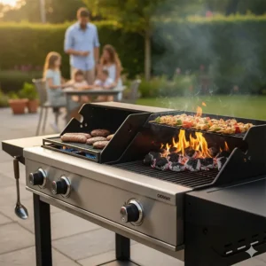 A versatile hybrid BBQ showing the gas burners side-by-side with a charcoal tray.