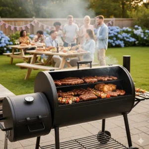 A heavy-duty barrel-style charcoal BBQ with a large cooking surface, ideal for hosting summer garden parties in the UK.