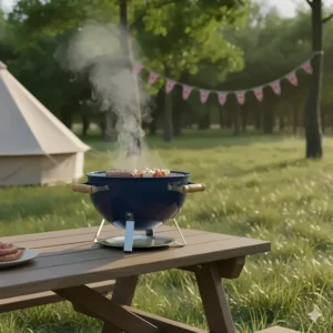 A compact, portable charcoal barbecue being used at a British campsite, showing its small footprint and heat-resistant handles.