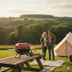 A small portable gas BBQ set up on a picnic table for a British staycation or camping trip.