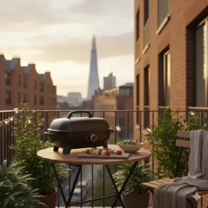 A smoke-free electric grill on a small London balcony, a great budget BBQ alternative for flats with outdoor restrictions.