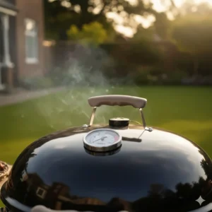 Close-up of a built-in temperature gauge on a BBQ lid showing the heat levels for smoking and searing.