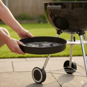 A person removing the easy-clean ash catcher from the bottom of a kettle-style charcoal BBQ grill.