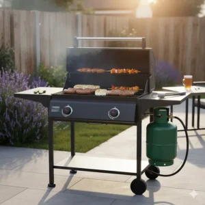 An affordable two-burner gas BBQ with a side shelf, showing a standard UK green patio gas cylinder connection.