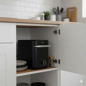 A compact indoor BBQ grill stored neatly in a small UK kitchen cupboard, ideal for city flats with limited space.