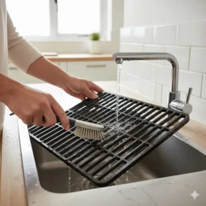 Illustration of removable cast iron grates on a portable gas grill for easy cleaning.