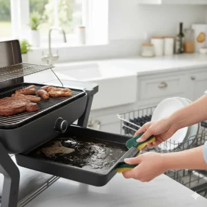 A person removing the dishwasher-safe drip tray from an electric BBQ grill for easy cleaning after a garden party.
