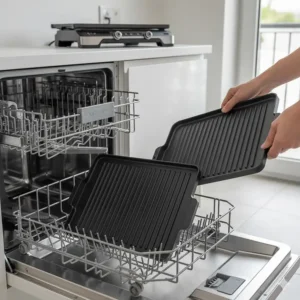 Detachable non-stick plates from an indoor BBQ grill being placed into a standard UK dishwasher for easy cleaning.
