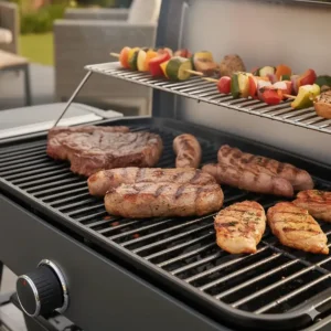 Close-up of steaks, British sausages, and colourful vegetable skewers cooking on a non-stick electric BBQ grill plate.