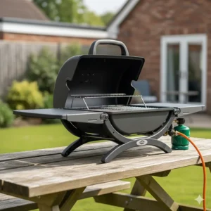 Close-up illustration of a foldable tabletop gas barbecue showing easy storage features.
