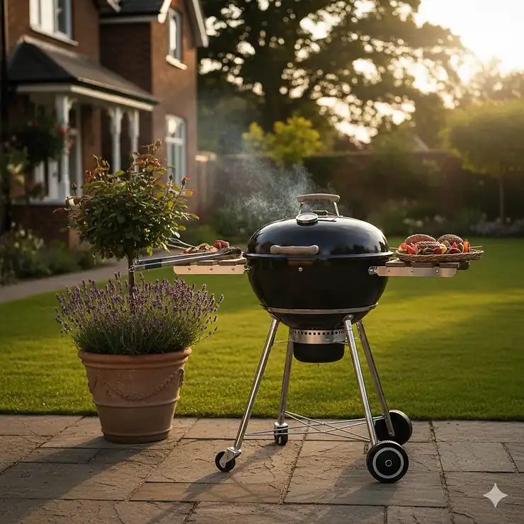 A premium black charcoal BBQ grill standing on a stone patio in a lush British garden during summer.