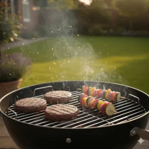 Beef burgers and vegetable skewers cooking on a smoking charcoal BBQ grill at a garden party.