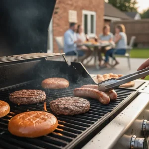 Classic British beef burgers and sausages cooking on a cast iron gas BBQ griddle.