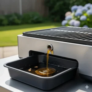 An electric BBQ grill showing the fat-reducing drainage system and upper warming rack for healthy outdoor grilling.