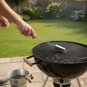 A person using a wire brush to clean the grill grates of a charcoal BBQ, maintaining it for the British summer season.