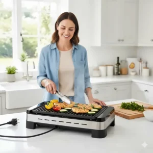 A smokeless electric BBQ grill being used on a kitchen worktop as a versatile indoor cooking solution for British homes.