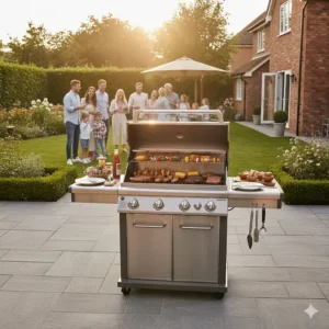 An expansive 6-burner gas BBQ with enough cooking space for a large family garden party.