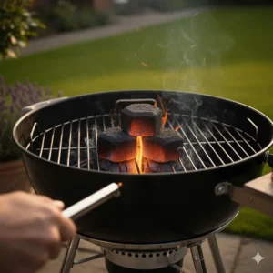 Close-up of glowing red charcoal briquettes inside a BBQ grill base ready for cooking.