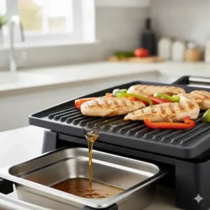 Close-up of an indoor BBQ grill's sloped plate showing excess fat draining into a removable drip tray for healthier cooking.
