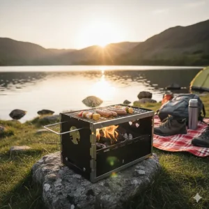 A portable folding metal grill, ideal for budget-conscious campers and beach trips in the UK.