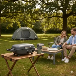 A compact, portable electric BBQ grill set up on a table for outdoor cooking during a British staycation camping trip.