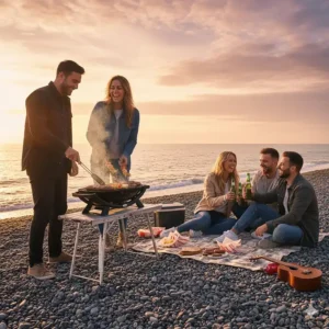 Friends gathered around a portable gas barbecue on a British pebble beach at sunset.