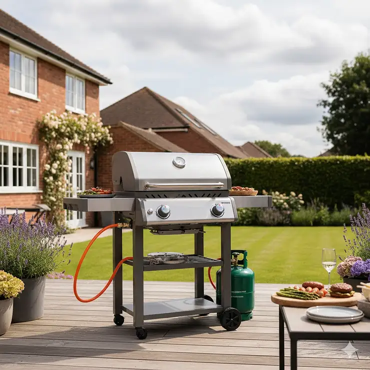 A premium portable gas barbecue grill set up on a wooden patio in a British garden during summer. portable gas barbecue grills