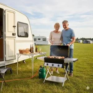 A compact portable gas BBQ being used next to a caravan at a UK campsite.