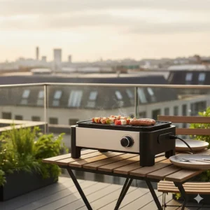 A space-saving electric BBQ grill designed for a British flat balcony or small urban patio area.