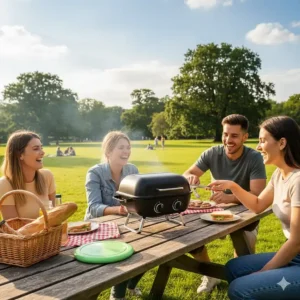 A lightweight small gas barbecue positioned on a picnic bench in a public park.