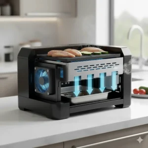 Diagram showing how an indoor smokeless BBQ grill uses an internal fan to extract smoke for indoor use.