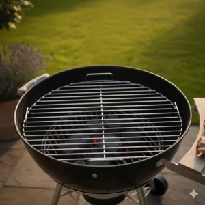 Top-down view of a large stainless steel cooking grate on a round charcoal BBQ grill.