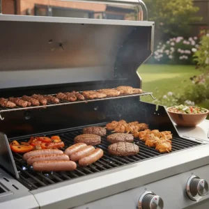 Toasted burger buns resting on the internal warming rack of a 4 burner gas bbq.