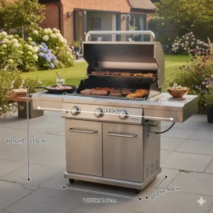 A diagram showing the height, width, and depth measurements of a standard 4 burner gas bbq.
