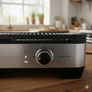 Detail shot of the adjustable temperature dial on an indoor electric grill showing precise heat settings for searing meat.