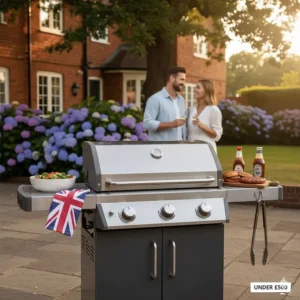A budget-friendly family gas BBQ under £500 featuring a side burner and storage cabinet.
