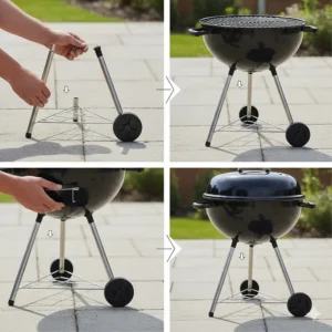 A step-by-step instructional photo showing the assembly of the tripod legs and wheels onto a new kettle BBQ.