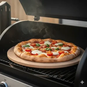 A homemade pizza being baked on a stone inside a pellet grill, demonstrating its versatility as an outdoor oven.