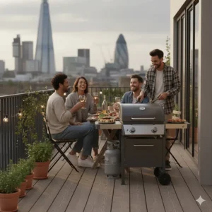 A group of friends enjoying a BBQ for balcony dinner party on a decorated terrace with fairy lights.