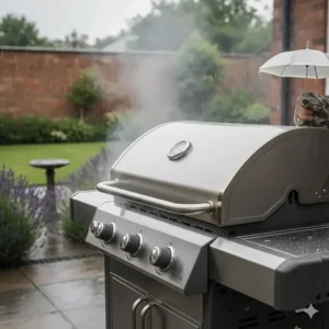 Illustration showing a BBQ with the hood down, explaining how gas and charcoal models handle heat retention during a typical British summer.