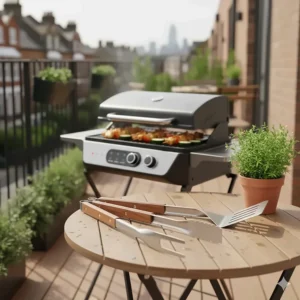 A set of stainless steel BBQ tools laid out next to a compact grill on a balcony side table.